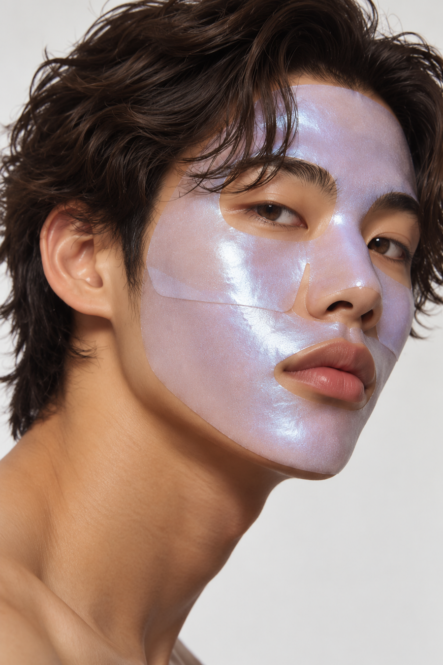Jeune homme portant un masque hydrogel nacré sur le visage