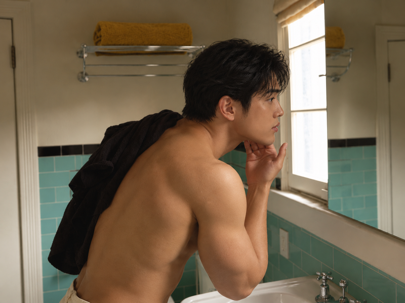 Homme torse nu dans une salle de bain carrelée, qui observe son visage dans le miroir