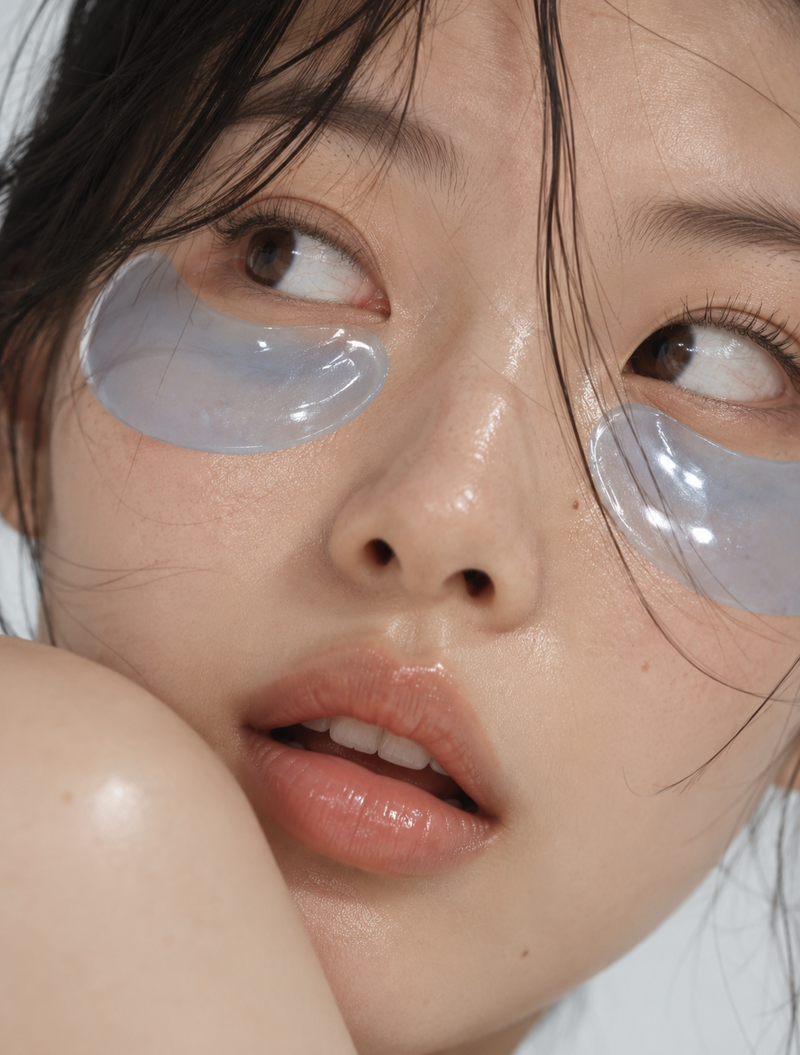 Jeune femme portant des patchs hydrogel transparents sous les yeux