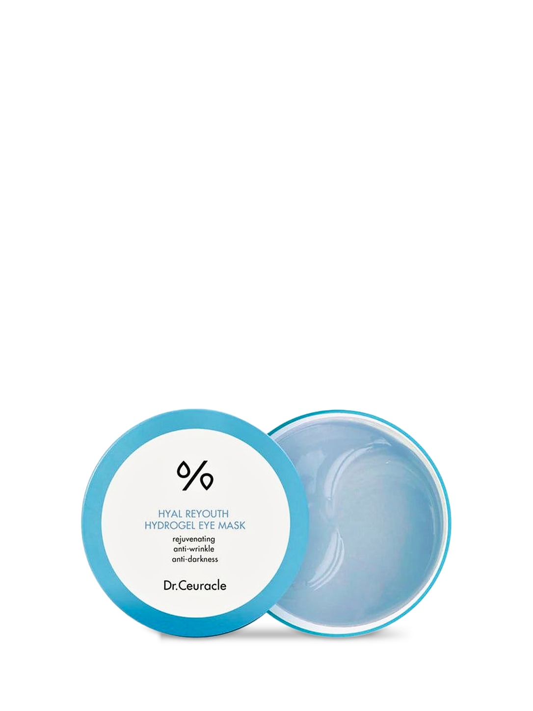 Patchs contour des yeux à l’acide hyaluronique Hyal Reyouth Dr Ceuracle, pot ouvert et patchs, vue de face