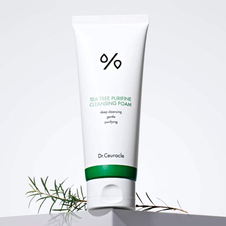 Mousse nettoyante purifiante au tea tree Dr Ceuracle, tube sur un socle avec un brin de tea tree