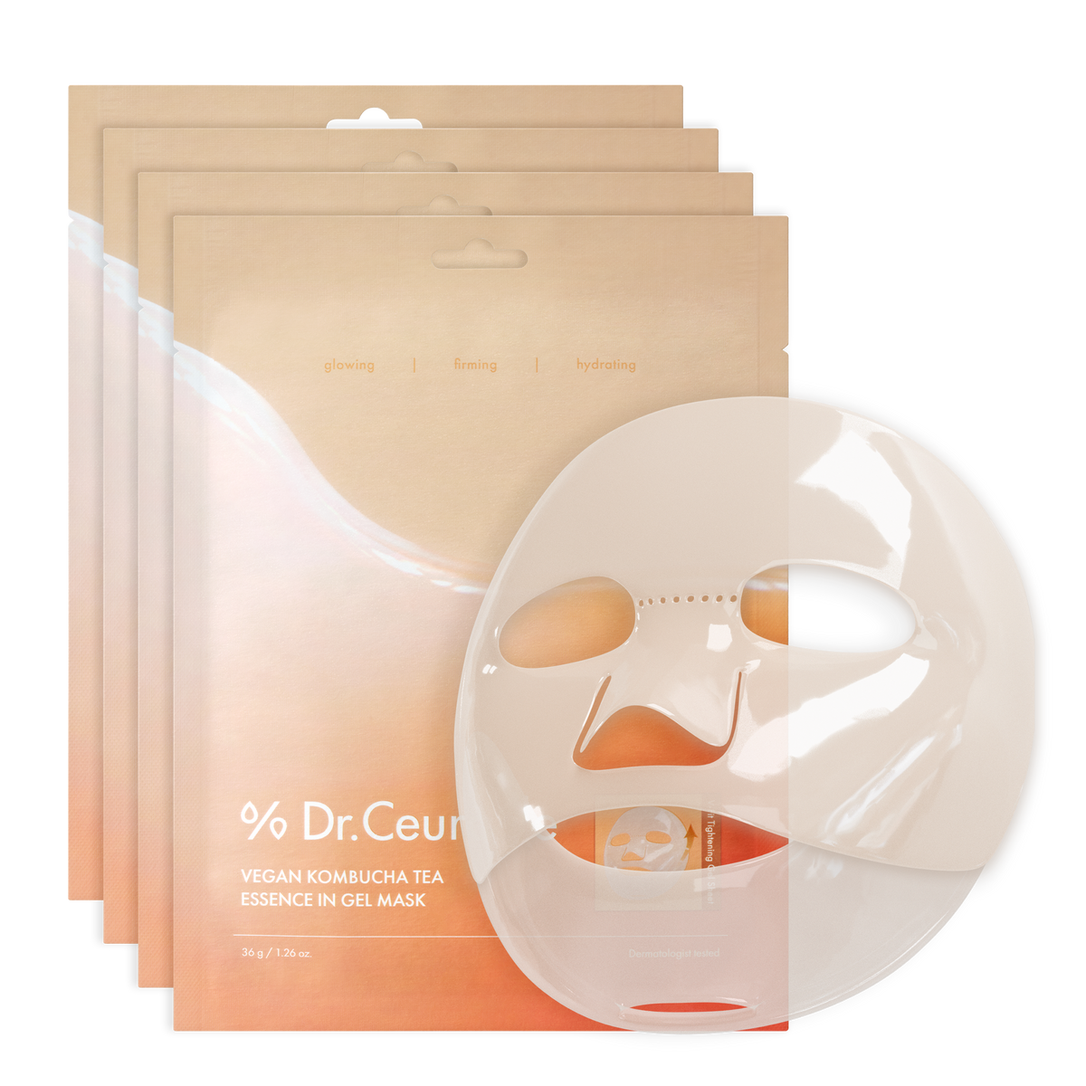 Masque gel au kombucha Vegan Kombucha Tea Essence in Gel Mask Dr Ceuracle, sachets et masque gel déplié sur fond noir