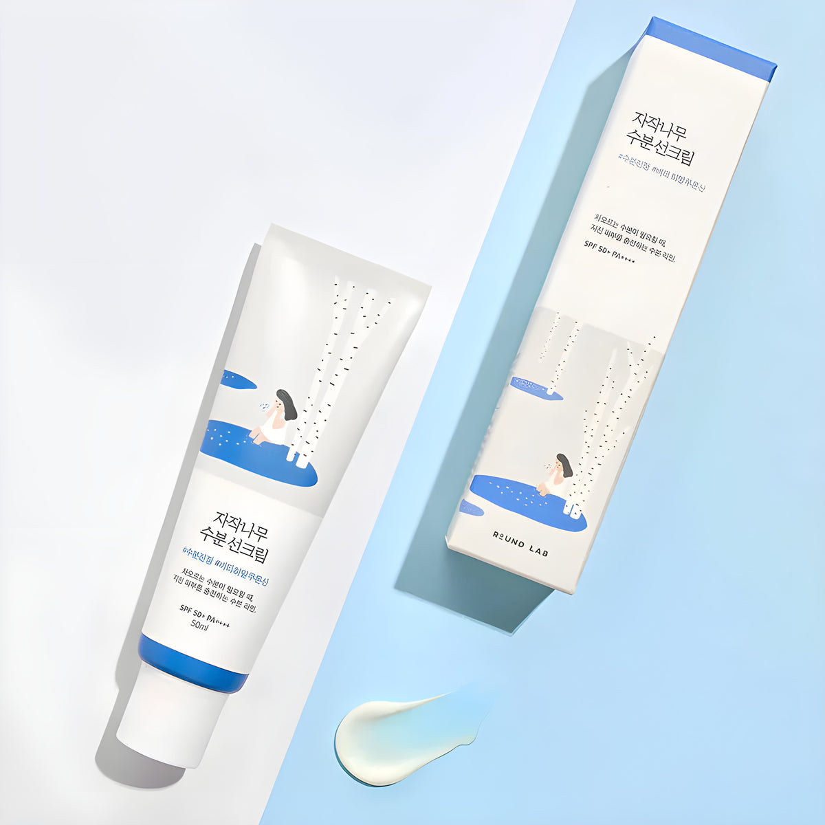 Crème solaire Birch Juice SPF50+ PA++++ Round Lab, tube, boîte et texture : protection solaire coréenne hydratante au jus de bouleau, 50 ml