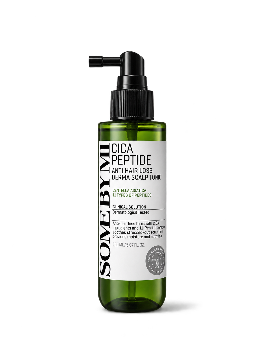 Spray cuir chevelu Cica Peptide Anti Hair Loss SOME BY MI, flacon de 150 ml de face sur fond noir