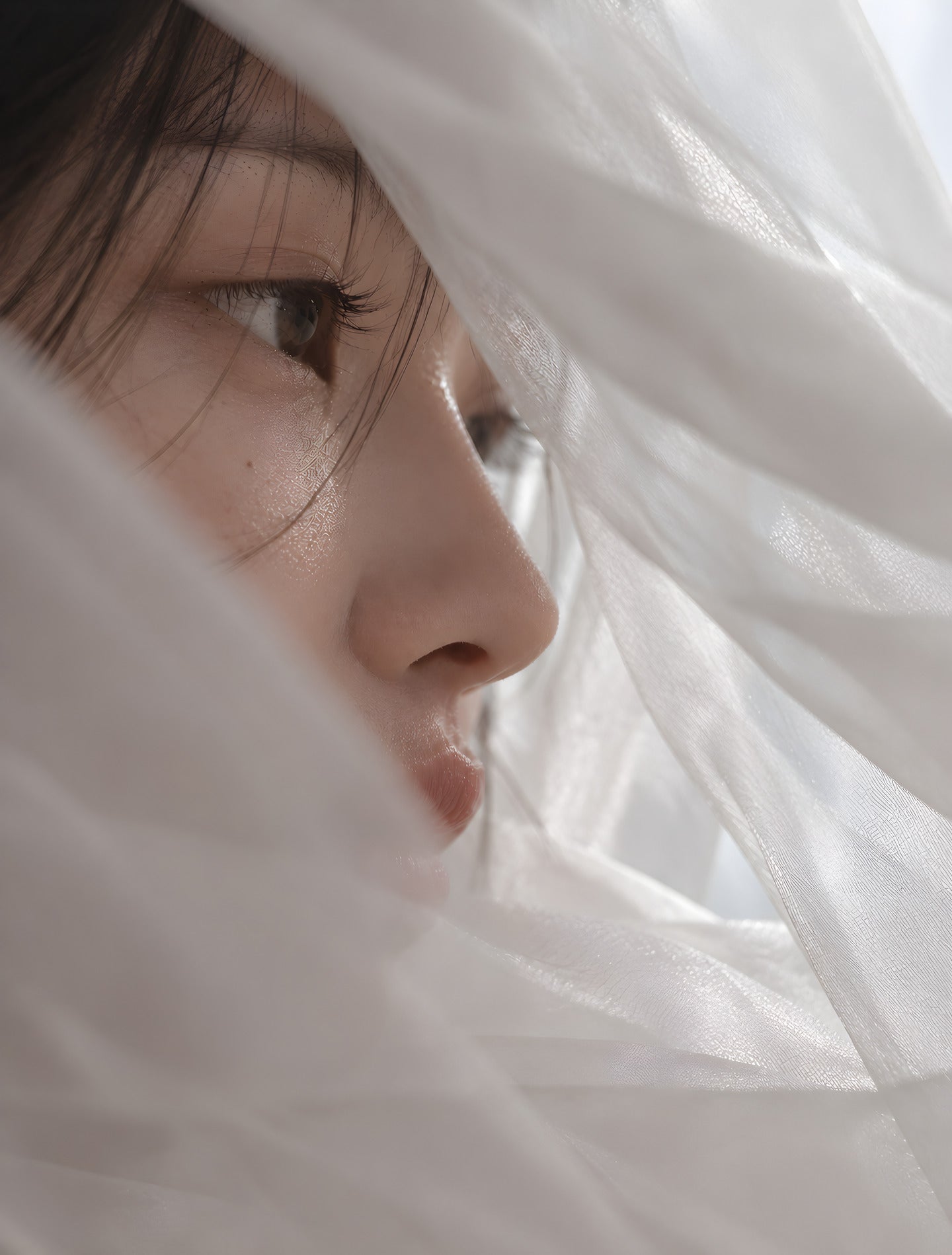 Un visage à demi caché derrière un voile blanc