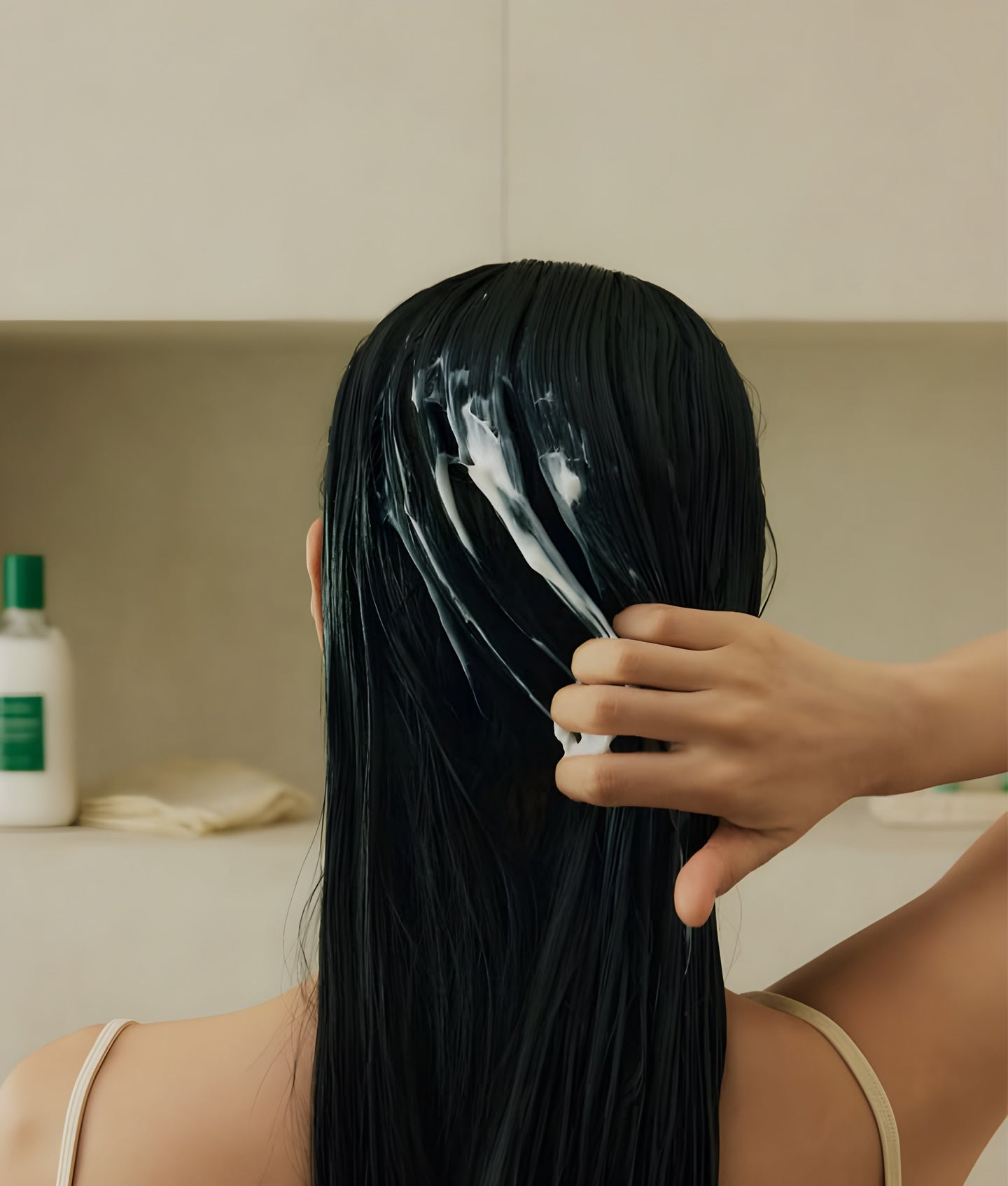 Aromatica, femme de dos qui applique un soin sur ses longs cheveux noirs mouillés