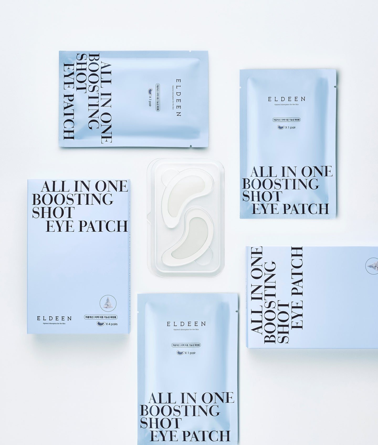 ELDEEN, sachets All in One Boosting Shot Eye Patch et un patch blanc sur fond bleu pâle